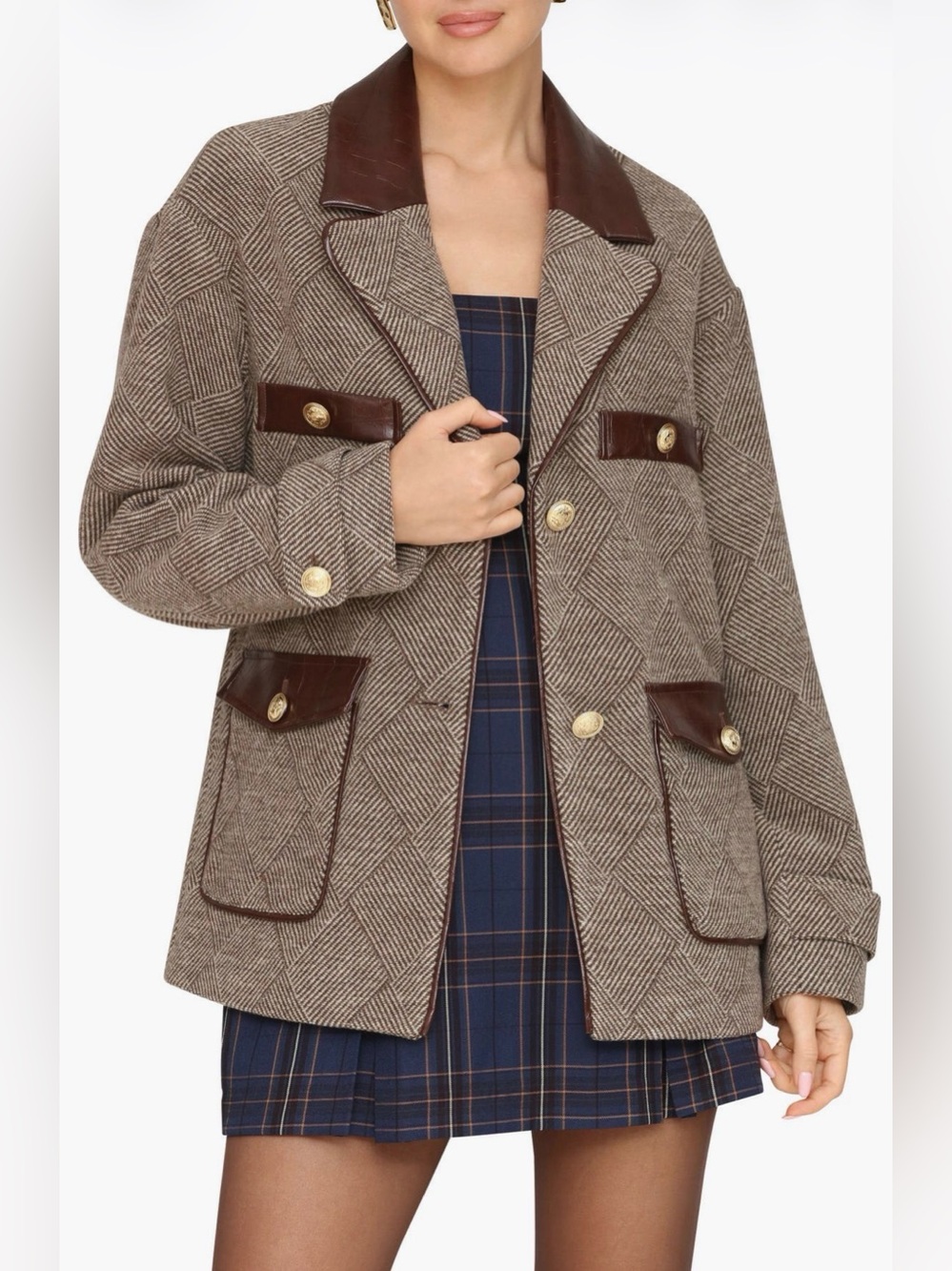 Avec Les Filles Brown Herringbone Blazer with Dark Brown Leather Trim Small